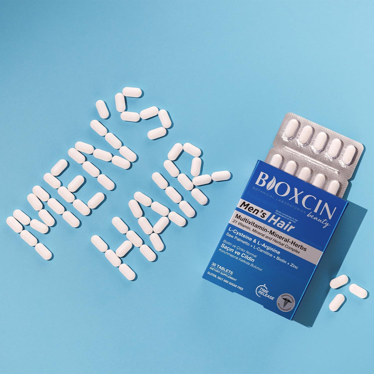 Bioxcin Men's Hair Supplement box and tablets