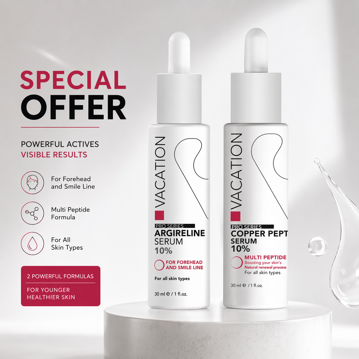 Vacation Argireline Serum 10% and Copper Peptide Serum 10% 30ml anti-aging duo