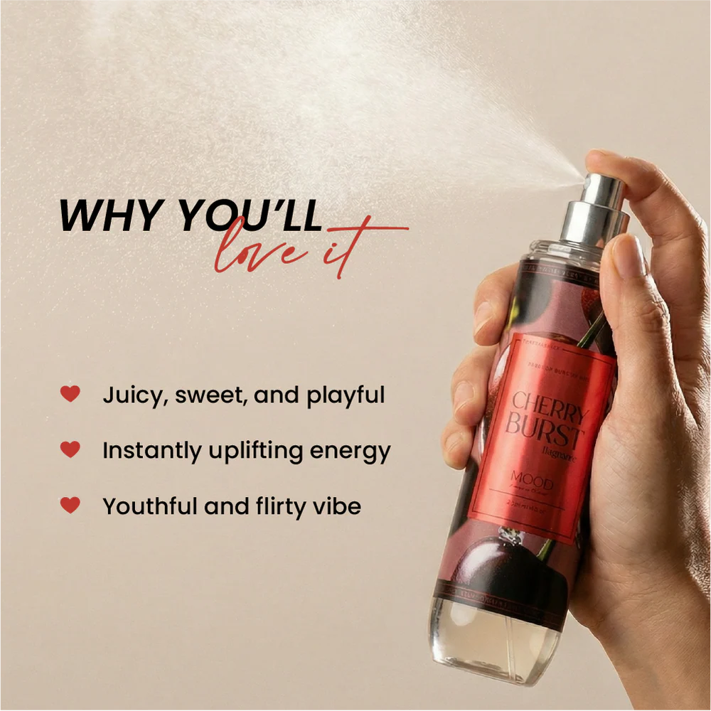 Mood Cherry Burst Body Splash 220ml bottle and scent details