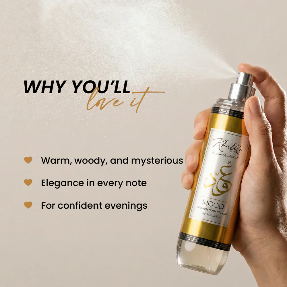 Mood Khaliji Body Splash 220ml bottle and scent details