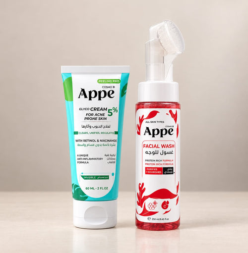 كريم APPE Glyco للبشرة الدهنية والمعرضة لحب الشباب – 60 مل + غسول APPE المرطب للوجه مع فرشاة – جميع أنواع البشرة