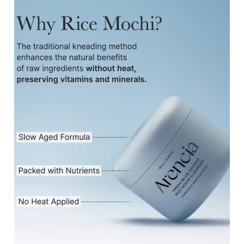 Arencia Blue Hyssop Rice Mochi Cleanser jar and texture