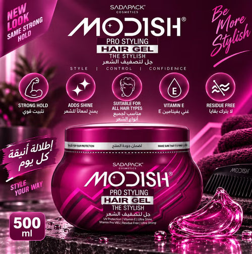 Modish Pro Styling Hair Gel The Stylish 500ml for strong hold and shine