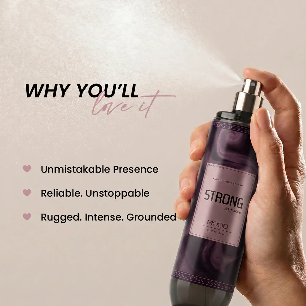 Mood Strong Body Splash 220ml bottle and scent details