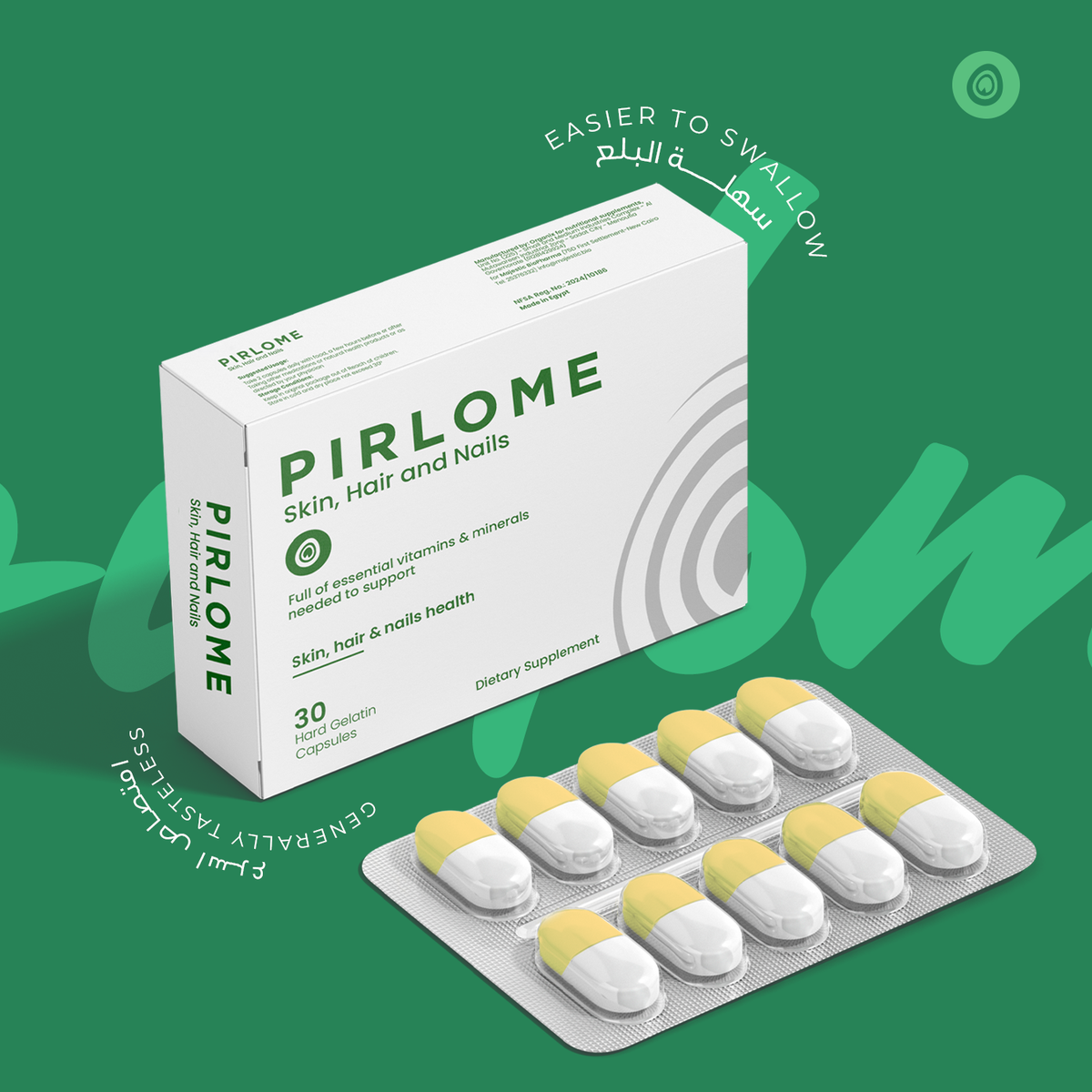 Pirlome supplement box and capsules